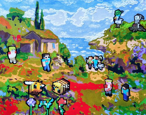 Post-impressionist blockchain. Mediterranean idyll with minecraft elements van Irina BAST, Schilderij te koop op Singulart