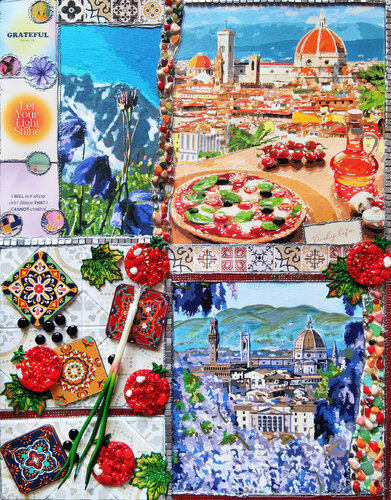 Taste of Italy - Original cityscape painting on canvas. Scrapbooking style memory album aesthetic collage wall art van Irina BAST, Schilderij te koop op Singulart
