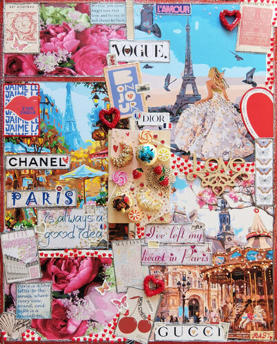 Bonjour, Paris! Original cityscape artwork, acrylic painting on canvas. Scrapbooking travel memory collage wall art par Irina BAST, Peinture en vente sur Singulart