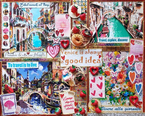 Sweet Venice. Italy - Original cityscape painting on canvas. Scrapbooking style memory album aesthetic collage wall art von Irina BAST, Malerei kaufen auf Singulart
