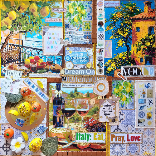 Moments of Dolce Vita - Original cityscape painting on canvas. Scrapbooking style memory album yellow lemon aesthetic collage wall art von Irina BAST, Malerei kaufen auf Singulart