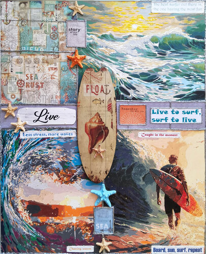 Ride your own wave. Surfing the Moment. Surf, ocean marine original painting on canvas, unique mixed media collage artwork de Irina BAST, Pintura a la venta en Singulart