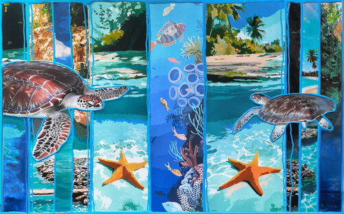 Island Drift: Spirits of the turquoise ocean. Marine turtle painting, tropical wall art, island coastal nautical artwork, beach house decor de Irina BAST, Pintura a la venta en Singulart