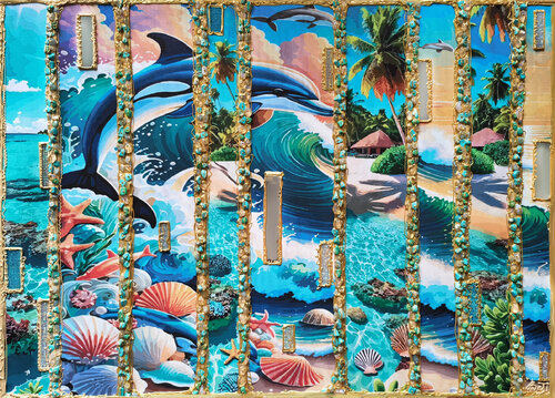 Ocean Paradise: Waves, dolphins, and a tropical island. Marine painting, tropical wall art, island coastal nautical artwork, beach house decor van Irina BAST, Schilderij te koop op Singulart