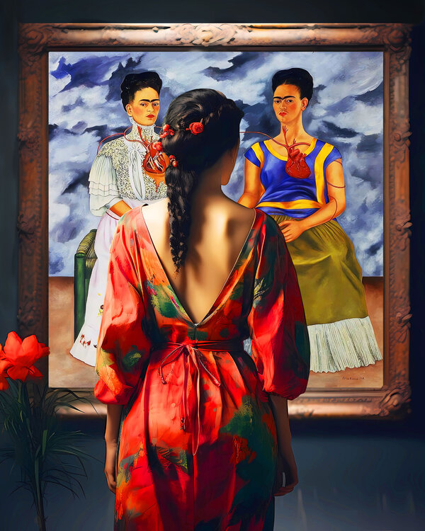 Frida Kahlo. Large original female portrait. Woman in museum art gallery with Two Fridas painting. Art Gift Irina BAST