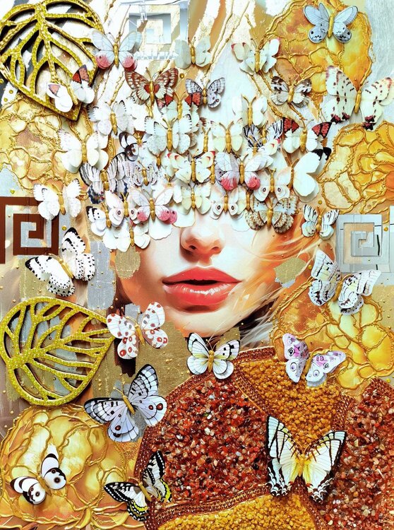 Woman with white butterflies in golden peonies. Original textured mixed media painting on canvas Irina BAST