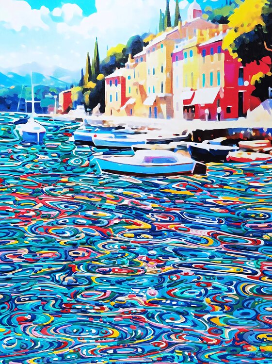 Sunny day in south coastal city. Bright seascape colorful sea waves with bright sun glares. Impressionistic landscape artwork. Original painting wall art home decor. Art Gift Irina BAST