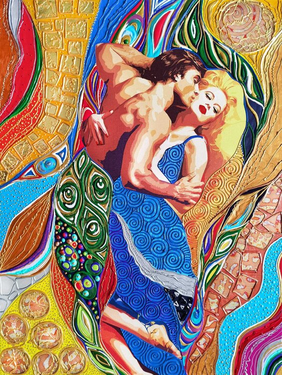 Waves of passion. Man and woman couple portrait abstract in Gustav Klimt style. Unique art gift for wife husband, Wedding and Anniversary. Irina BAST