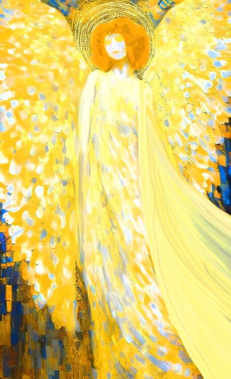 Sunny Angel. Huge 200 x 120 cm artwork. Magical radiance of the soul. Bright futuristic fantasy fabulous esoteric surreal mystery harmonious golden yellow art. Meditation relaxation pray aura grace Large format wall art on canvas Irina BAST