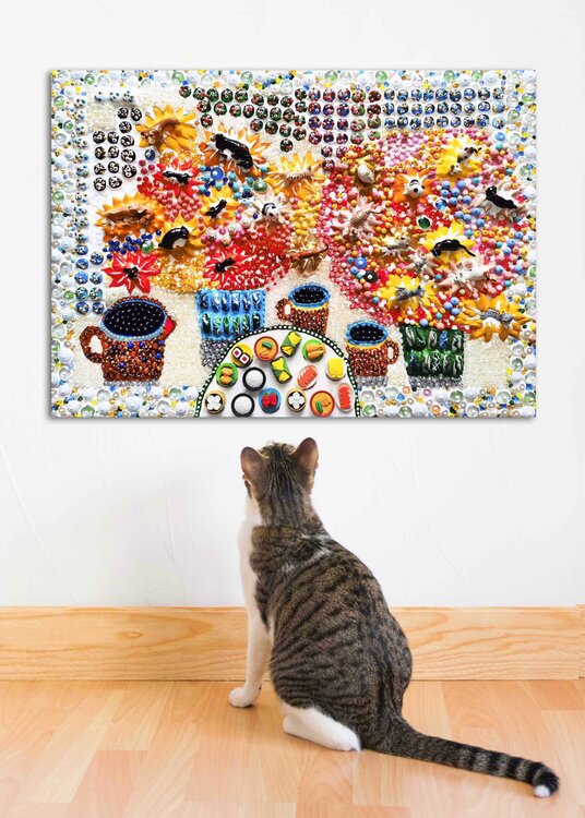 Unusual still life with cats and dogs - Abstract still life with mosaic & glass. Naive fine art decorative hanging wall sculpture painting Irina BAST