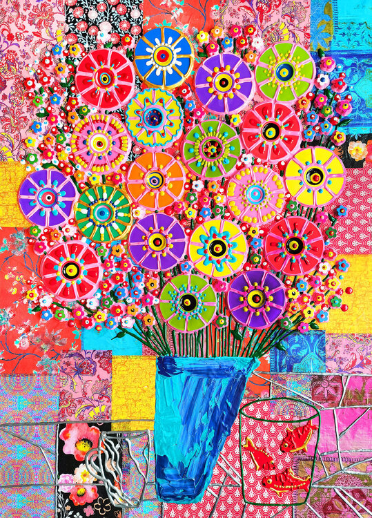 Bouquet of flowers for Matisse - abstract colorful vivid still life mosaic art collage painting Irina BAST