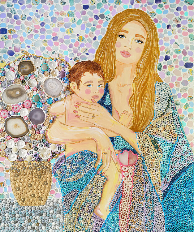 Mother and child. Precious stones, mosaic, gold, silver, diamond. Large wall art Irina BAST