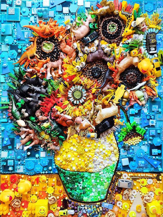 Sunflowers Van Gogh. Unique 3d art still life with yellow flowers in vase. Colorful mosaic wall sculpture Irina BAST