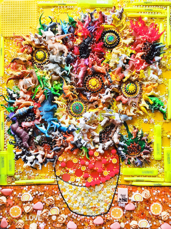 Sunflowers Van Gogh. Unique 3d art still life with yellow flowers in vase. Colorful mosaic wall sculpture Irina BAST