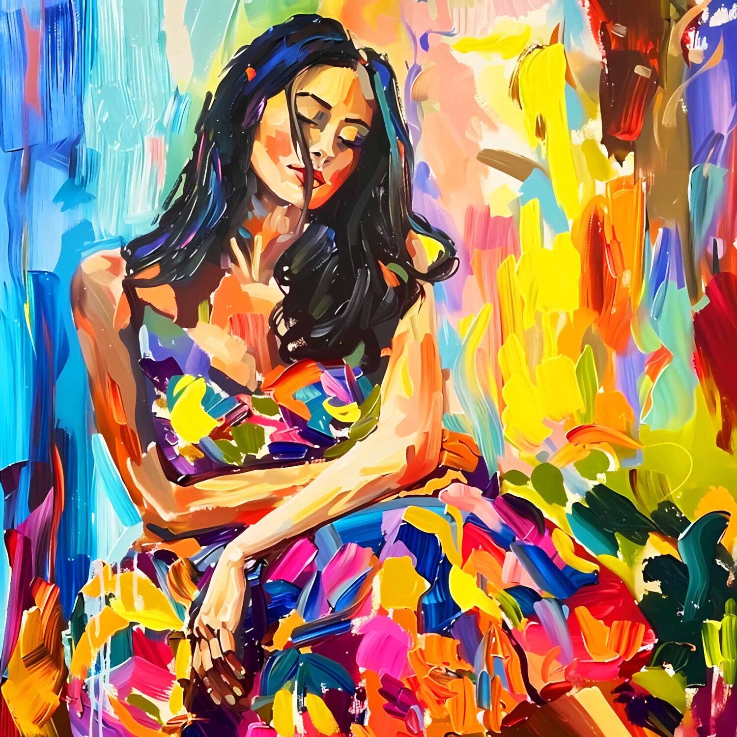 Beautiful brunette woman in colorful dress. Vivid fauvism style artwork ...