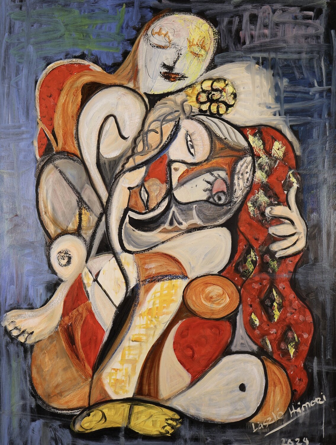 Mother braiding the daughters hair Laszlo Hamori Origineel schilderij te koop