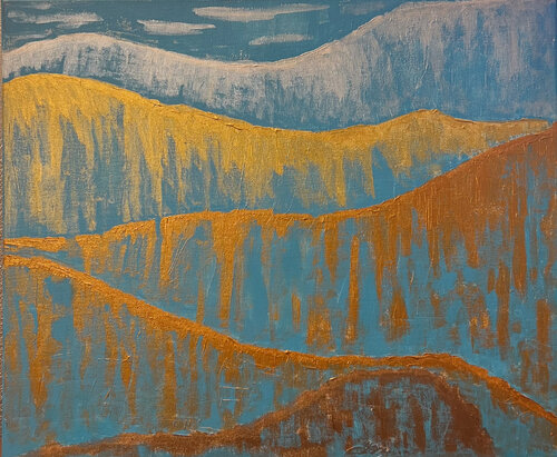 Mountain Symphony: A Gilded Journey van Maksim Gorshkov, Schilderij te koop op Singulart