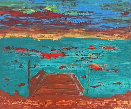 Sunset Serenity by the Pond: A Vibrant Evening Landscape von Maksim Gorshkov, Malerei kaufen auf Singulart