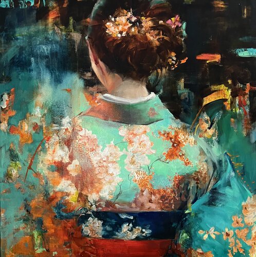 ,,RADIANT GREEN KIMONO" van Elena Agraphiotis, Schilderij te koop op Singulart