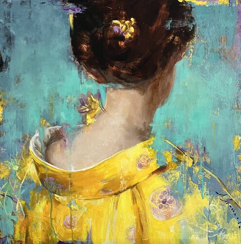 TURQUOISE AND YELLOW - GIRL IN KIMONO van Elena Agraphiotis, Schilderij te koop op Singulart