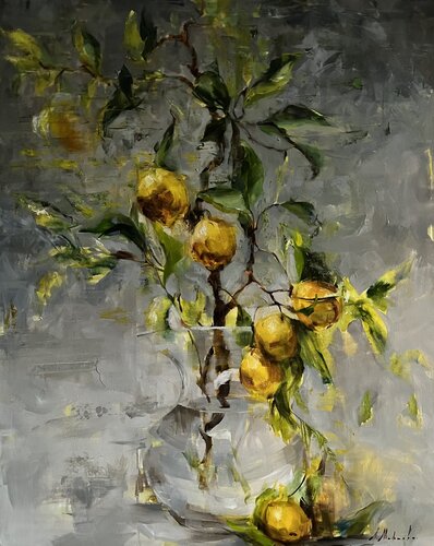 A BRANCH WITH ORANGES IN A GLASS VASE van Elena Agraphiotis, Schilderij te koop op Singulart