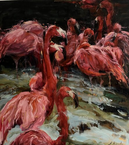 RED FLAMINGOS van Elena Agraphiotis, Schilderij te koop op Singulart