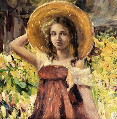 GIRL IN A STRAW HAT - SUNNY PROVENCE van Elena Agraphiotis, Schilderij te koop op Singulart