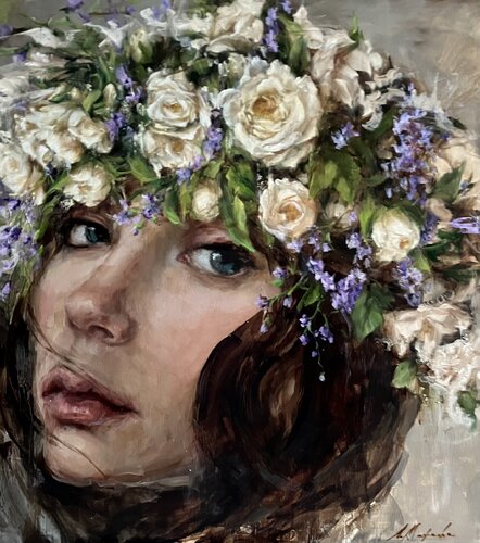 NYMPH-GIRL WITH WHITE ROSES by Elena Agraphiotis, 油畫 for Sale on Singulart