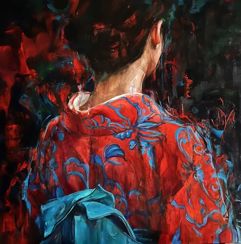RED BLUE -GIRL IN KIMONO van Elena Agraphiotis, Schilderij te koop op Singulart