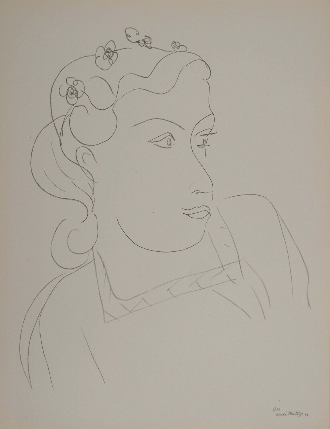 Buste féminin aux fleurs, Lithographie signée Henri Matisse Impresión en venta