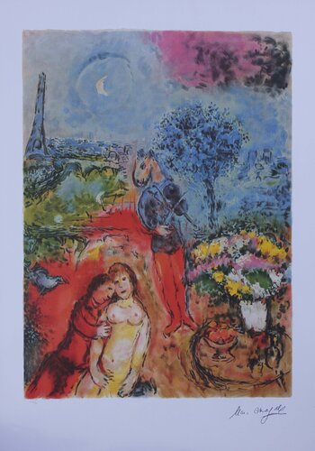 les mariés de la Tour Eiffel, Lithographie signée par Marc Chagall, Édition en vente sur Singulart