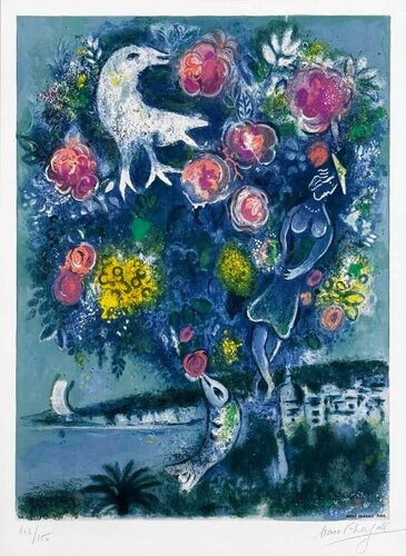 La Baie des Anges au Bouquet de Roses (Angel Bay with a Bouquet of Roses) di Marc Chagall, Stampa in vendita su Singulart