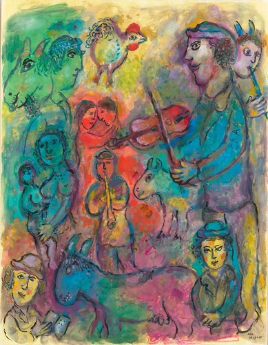 Musiciens sur fond multicolore (Musicians on a multicolored background) van Marc Chagall, Werk op papier te koop op Singulart