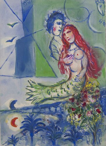 Gouache préparatoire pour la lithographie d’interprétation Sirène au poète (Nice et la Côte d’Azur, CS 27, 1967) di Marc Chagall, Pittura in vendita su Singulart