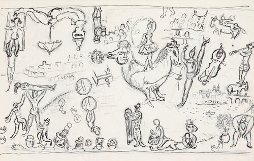 Esquisse pour "Commedia dell'arte" (pour le foyer du théâtre de Francfort) van Marc Chagall, Werk op papier te koop op Singulart