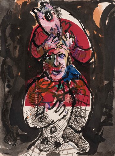 Rêve nocturne de deux clowns en rouge van Marc Chagall, Schilderij te koop op Singulart