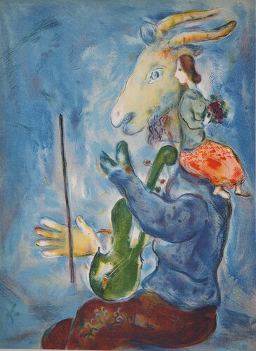 Chèvre musicienne et femme au bouquet, Lithographie signée by Marc Chagall, Print for Sale on Singulart
