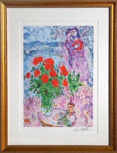 Red Bouquet with Lovers de Marc Chagall, Impresión a la venta en Singulart