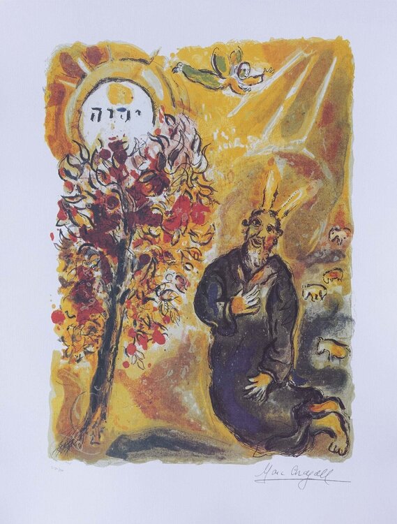 Moïse et le buisson ardent, Lithographie signée Marc Chagall
