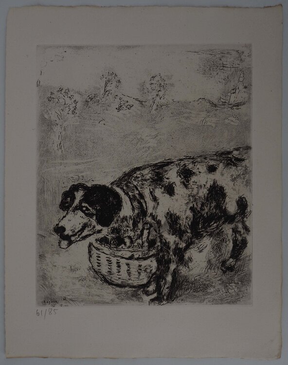 Le chien au panier, Gravure originale signée Marc Chagall