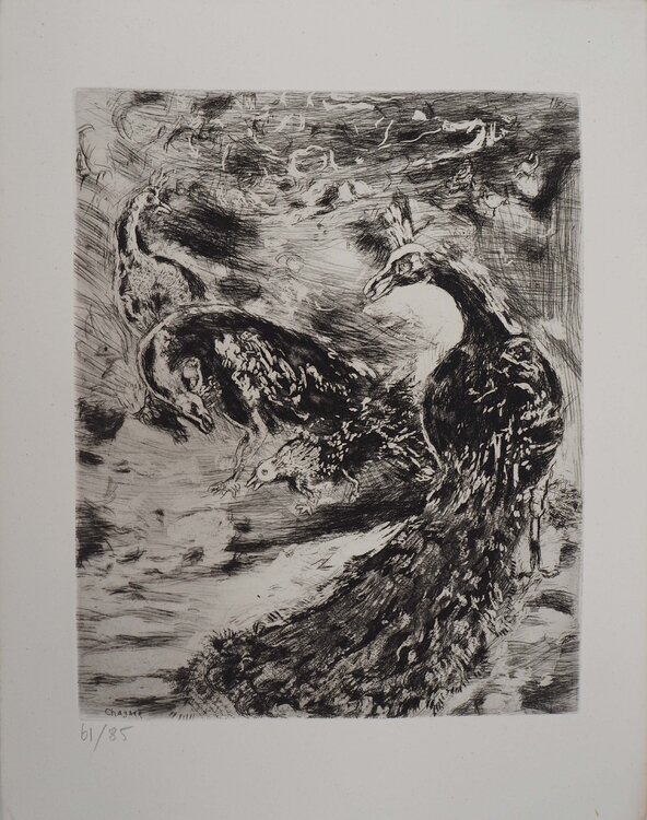 Les paons, Gravure originale signée Marc Chagall
