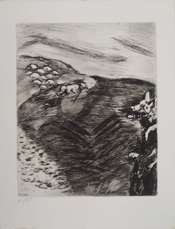 Le berger et le loup, Gravure originale signée Marc Chagall