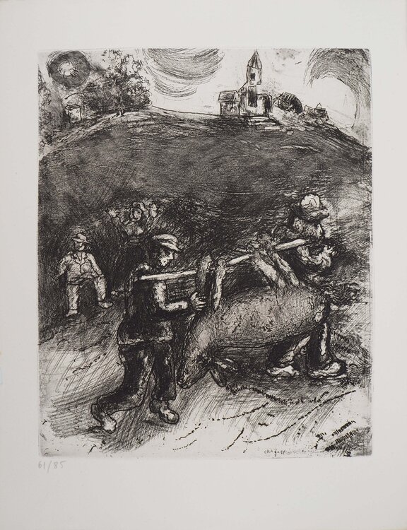 Retour au village, Gravure originale signée Marc Chagall
