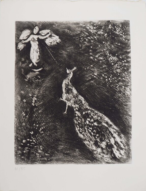 L'ange et le paon, Gravure originale signée Marc Chagall
