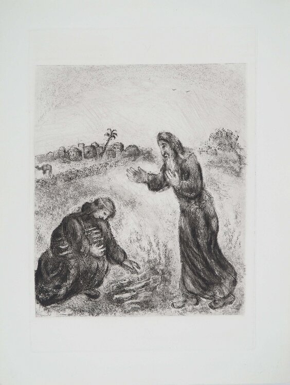 Elie et la veuve de Sarepta, Gravure originale signée Marc Chagall