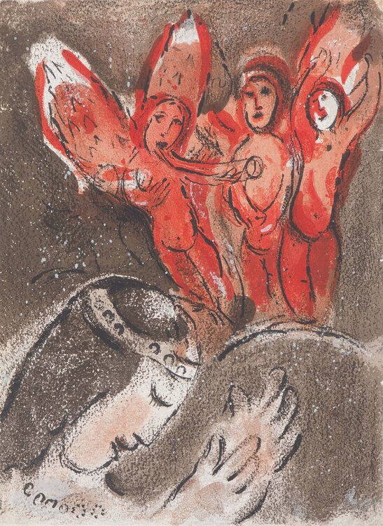 La Bible, Sara et les anges, Lithographie originale Marc Chagall