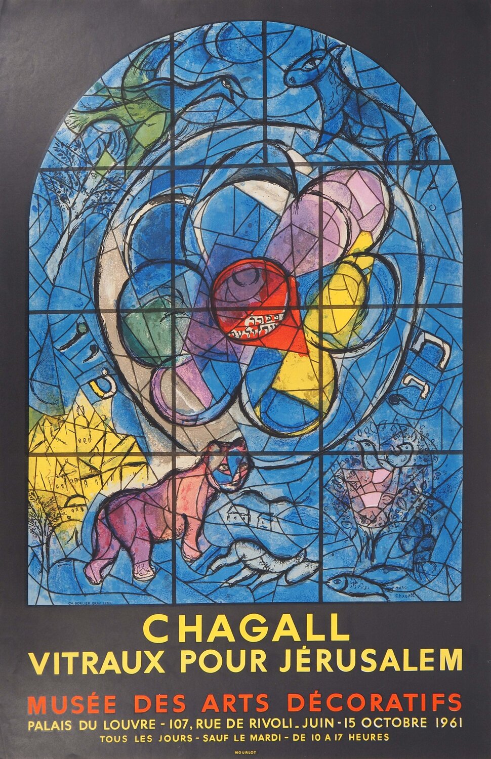 Vitraux de Jérusalem, Tribu de Benjamin, Affiche en lithographie signée Marc Chagall Impresión en venta