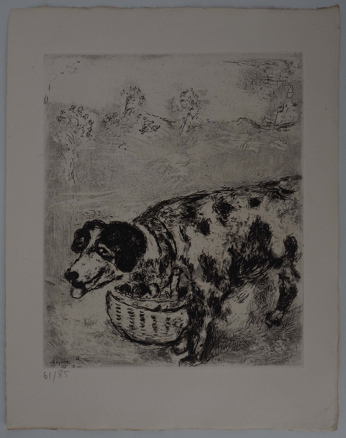 Le chien au panier, Gravure originale signée Marc Chagall Édition à vendre