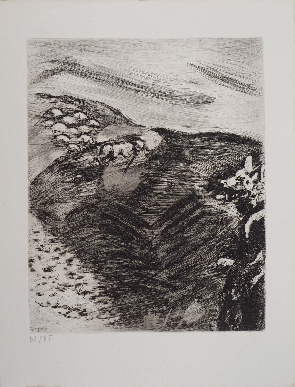 Le berger et le loup, Gravure originale signée Marc Chagall Afdruk te koop