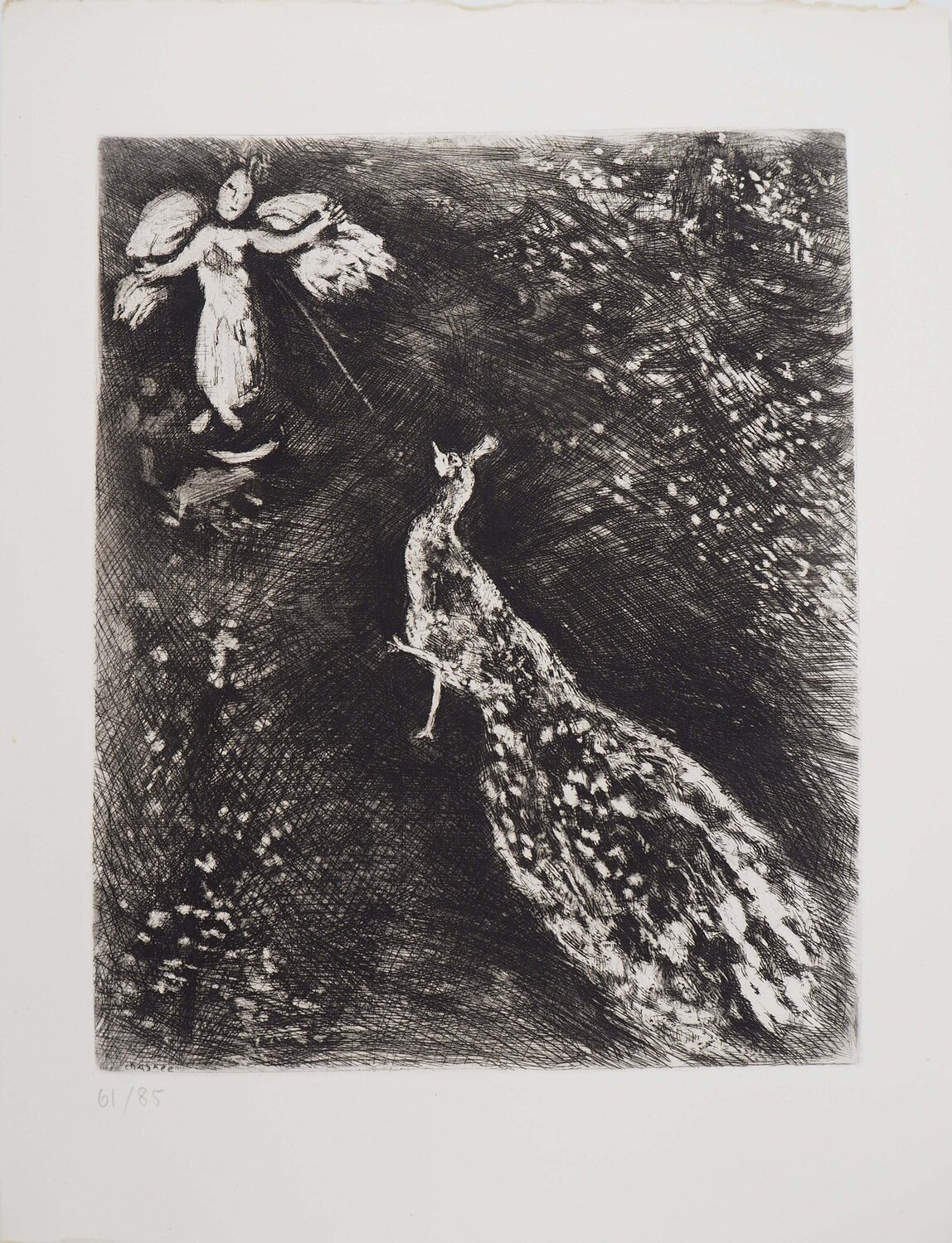 L'ange et le paon, Gravure originale signée Marc Chagall Édition à vendre
